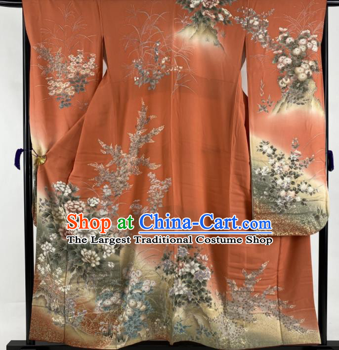 Japanese Classical Peony Pattern Furisode Kimono Costume Court Woman Orange Yukata Dress Traditional Wedding Bride Clothing