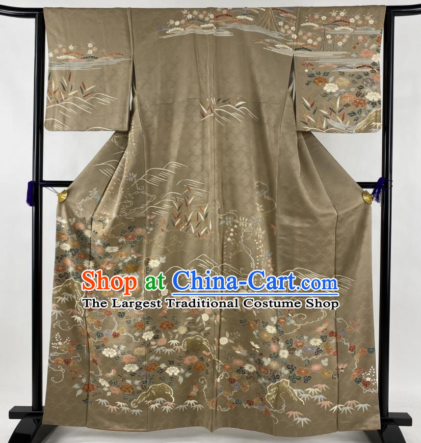 Japanese Traditional Ceremony Clothing Classical Bamboo Leaf Pattern Tsukesage Kimono Costume Noble Woman Khaki Silk Yukata Dress