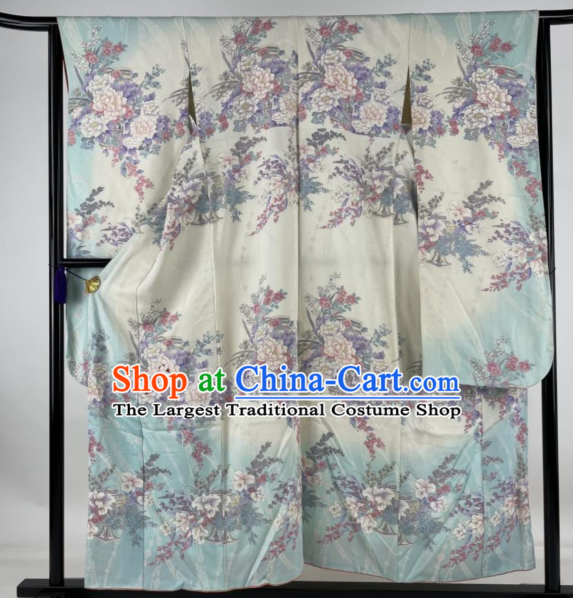 Japanese Traditional Wedding Clothing Classical Peony Pattern Furisode Kimono Costume Young Woman Silk Yukata Dress