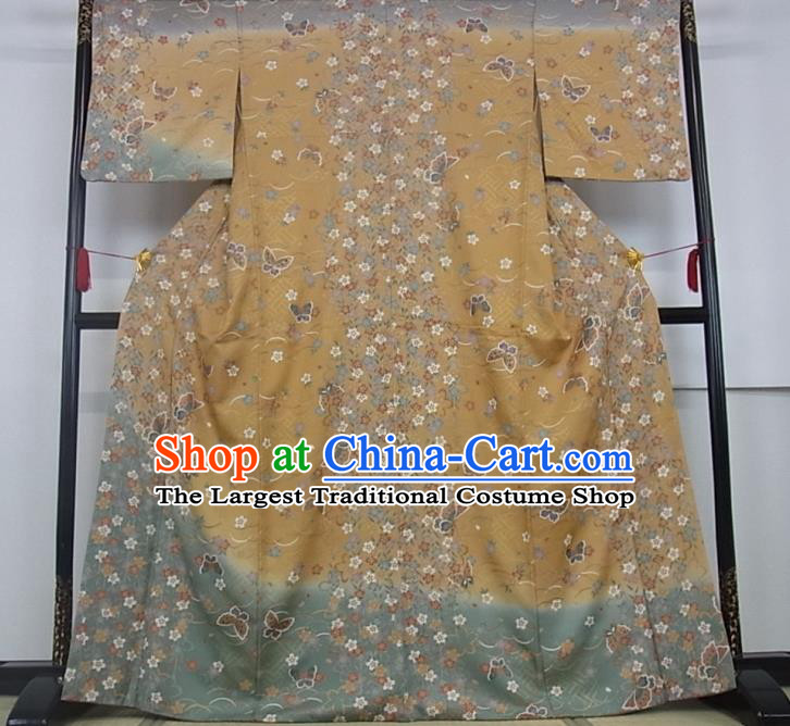 Japanese Classical Sakura Butterfly Pattern Tsukesage Kimono Costume Young Woman Yellow Yukata Dress Traditional Festival Clothing