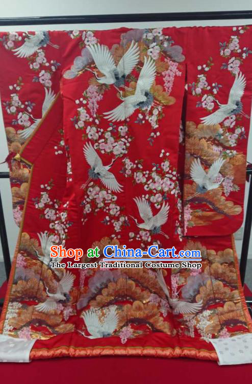 Japanese Traditional Wedding Bride Clothing Classical Cranes Pattern Uchikake Kimono Costume Geisha Performance Red Silk Yukata Dress