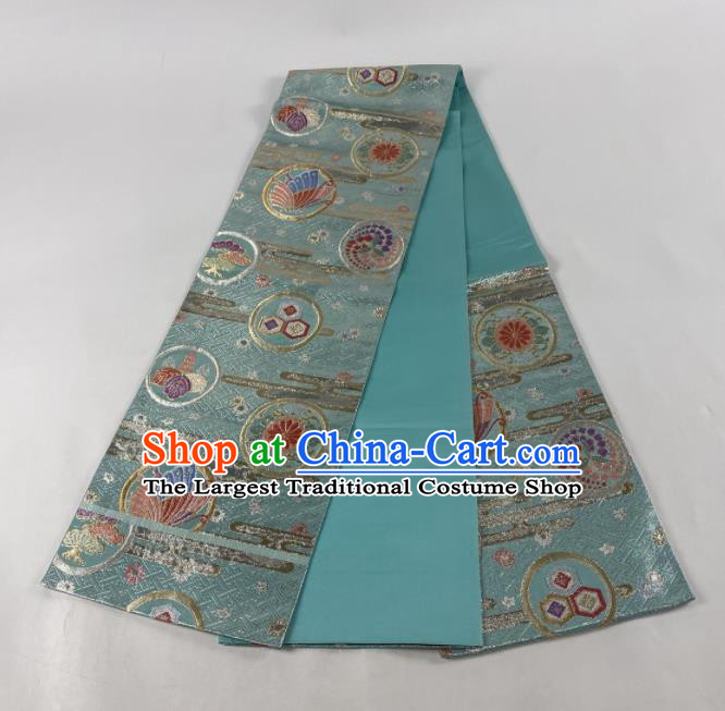 Japanese Classical Butterfly Flowers Pattern Kimono Belt Handmade Blue Brocade Waistband Traditional Yukata Robe Nishijin Girdle Accessories