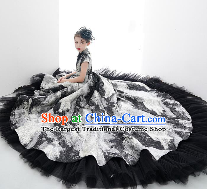 Custom Modern Dance Clothing Girl Catwalks Garment Costumes Stage Show Black Veil Trailing Full Dress Children Princess Fashion