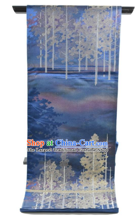 Japanese Traditional Yukata Robe Girdle Accessories Classical Trees Pattern Kimono Belt Handmade Nishijin Blue Brocade Waistband