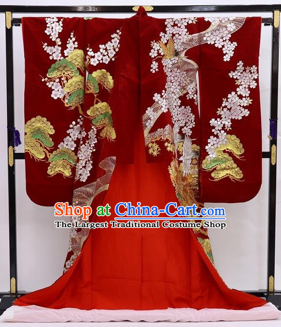 Japanese Wedding Bride Wine Red Yukata Dress Traditional Geisha Performance Clothing Classical Sakura Pine Pattern Uchikake Kimono Costume