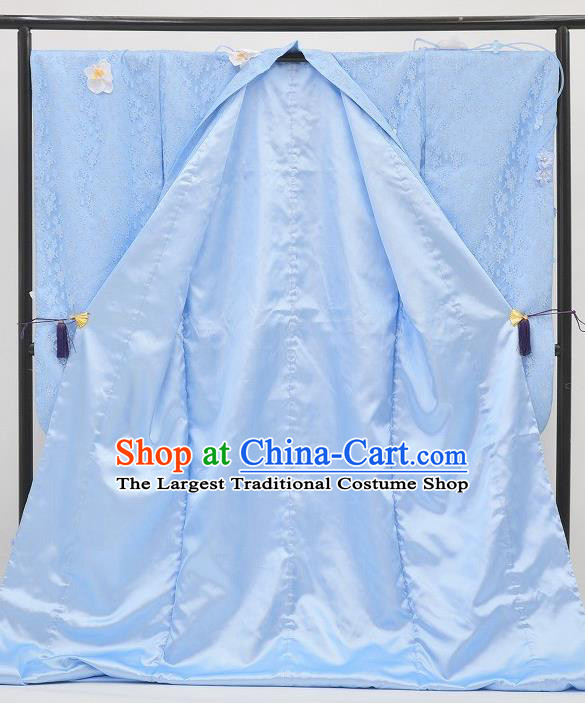 Japanese Court Empress Light Blue Silk Yukata Dress Traditional Wedding Bride Lace Clothing Classical Cranes Pattern Furisode Kimono Costume