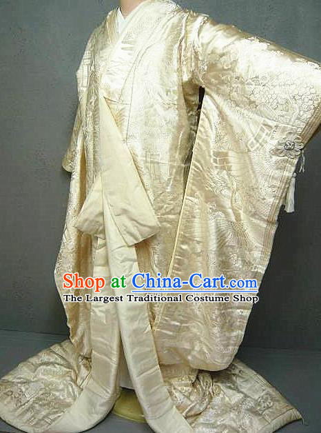 Japanese Traditional Wedding Bride Clothing Classical Embroidered Cranes Pattern Shiromuku Kimono Costume Court Empress White Silk Yukata Dress