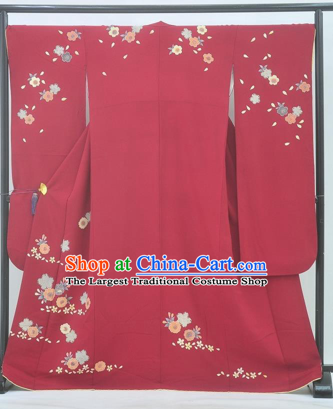 Japanese Traditional Wedding Bride Clothing Classical Sakura Pattern Furisode Kimono Costume Court Princess Red Yukata Dress