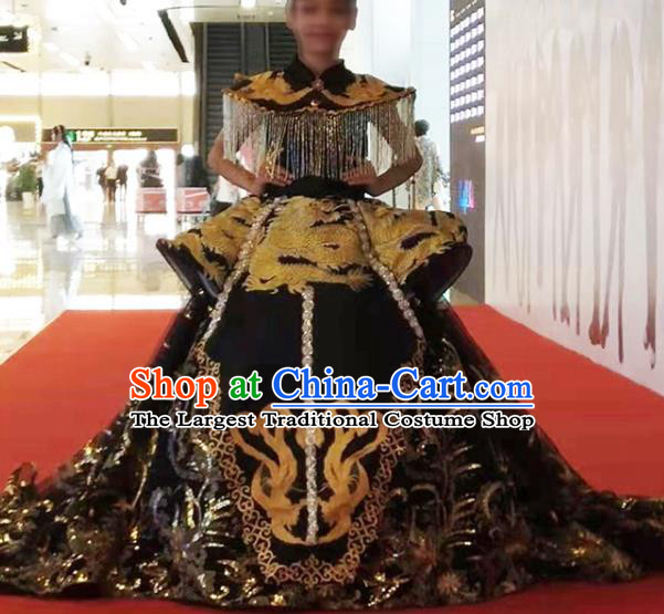 Chinese Stage Performance Fashion Clothing Girl Catwalk Show Black Trailing Full Dress Baby Compere Garment Costume Children Modern Dance Attire