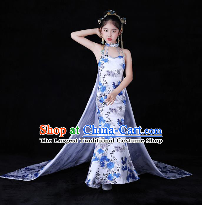 Chinese Children Modern Cheongsam Attire Stage Performance Fashion Clothing Girl Catwalk Show Qipao Dress Baby Compere Garment Costume