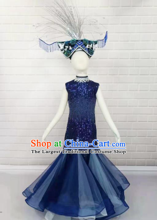 Custom Cosplay Mermaid Clothing Girl Catwalks Garment Costumes Stage Show Navy Fishtail Full Dress Modern Dance Fashion