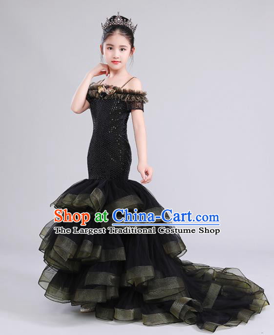 Custom Girl Catwalks Garment Costume Stage Show Black Trailing Full Dress Children Princess Fashion Modern Dance Clothing