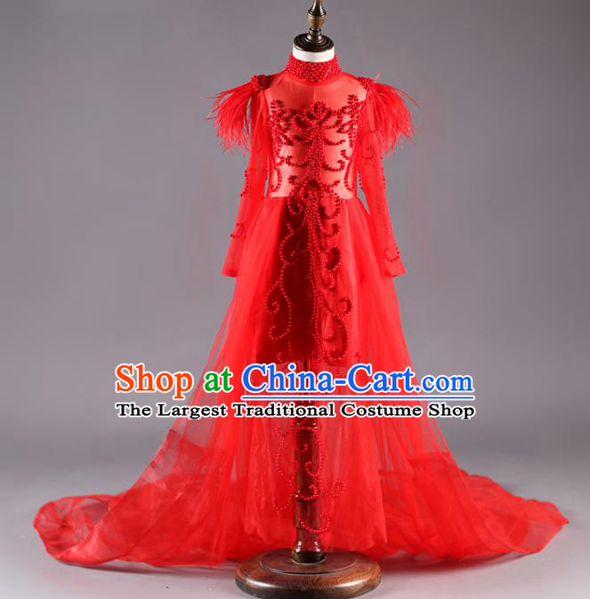 Custom Fairy Princess Fashion Modern Dance Clothing Girl Catwalks Garment Costume Stage Show Red Veil Full Dress