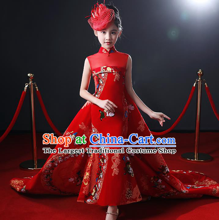 Chinese Stage Show Fashion Girl Catwalk Clothing Classical Dance Garment Costume Children Compere Red Trailing Full Dress