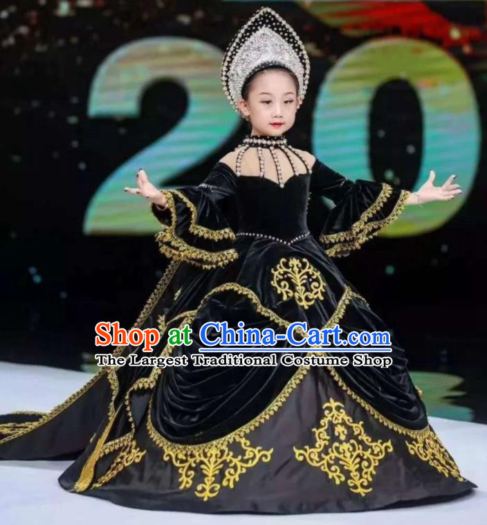 Custom Christmas Performance Black Velvet Full Dress Victorian Princess Fashion Piano Recital Clothing Children Catwalks Garment Costume