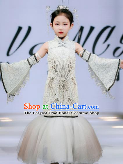 Chinese Classical Dance Garment Costume Children Compere Grey Lace Fishtail Dress Stage Show Fashion Girl Catwalk Clothing