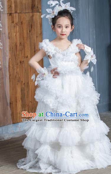 Custom Baroque Princess White Veil Full Dress Girl Piano Recital Fashion Modern Dance Clothing Children Catwalks Garment Costume