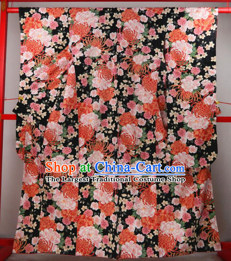 Japanese Wedding Bride Yukata Dress Classical Chrysanthemum Peony Pattern Furisode Kimono Clothing Traditional Ceremony Garment Costume
