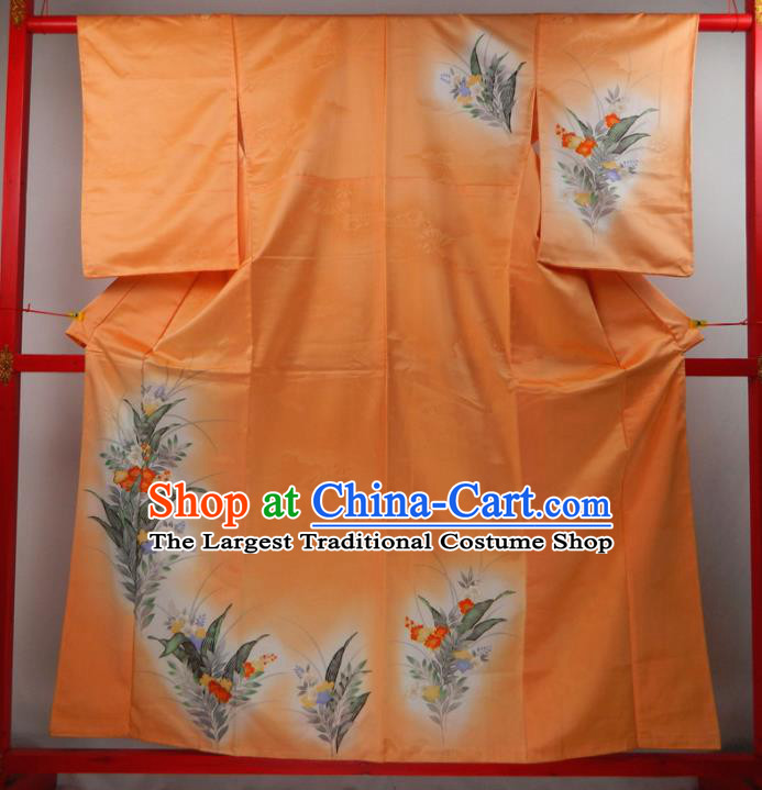 Japanese Traditional Ceremony Garment Costume Young Woman Orange Silk Yukata Dress Classical Flowers Pattern Tsukesage Kimono Clothing