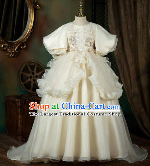 Custom European Girl Princess Fashion Modern Dance Clothing Children Catwalks Garment Costume Piano Recital Beige Trailing Full Dress