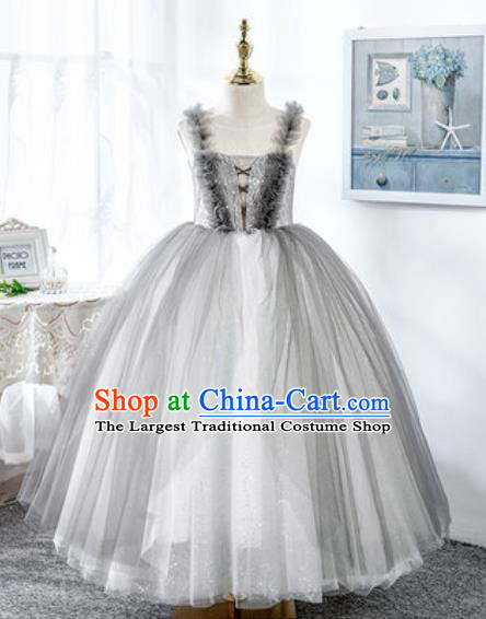 Custom Modern Dance Clothing Children Catwalks Garment Costume European Princess Grey Full Dress Girl Piano Recital Fashion