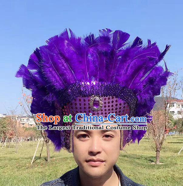 Professional Tribal Chief Headwear Apache Wild Man Headdress Halloween Cosplay Purple Feather Hat Samba Dance Hair Accessories