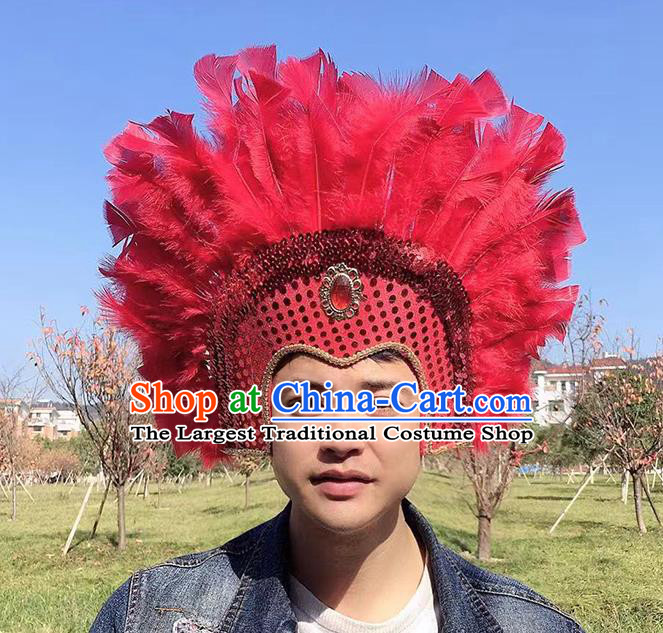 Professional Stage Show Headdress Halloween Cosplay Wild Man Red Feather Hat Samba Dance Hair Accessories Apache Tribal Chief Headwear