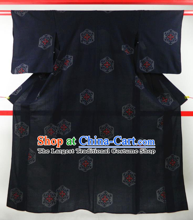 Japanese Classical Rhombus Pattern Edo Komon Kimono Clothing Traditional Festival Garment Costume Young Woman Navy Silk Yukata Dress