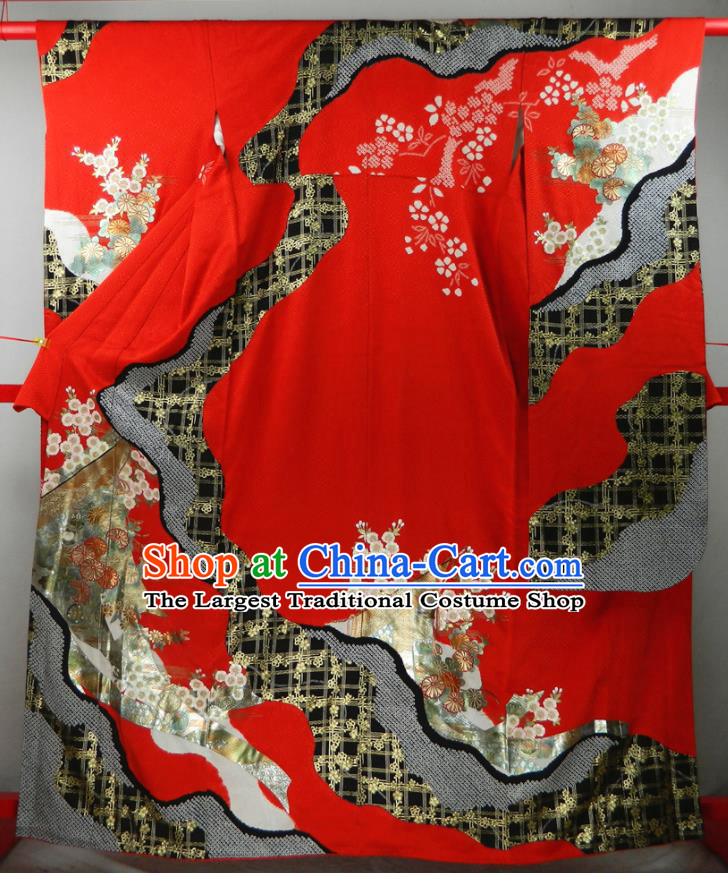 Japanese Bride Red Silk Yukata Dress Classical Sakura Pattern Furisode Kimono Clothing Traditional Wedding Garment Costume