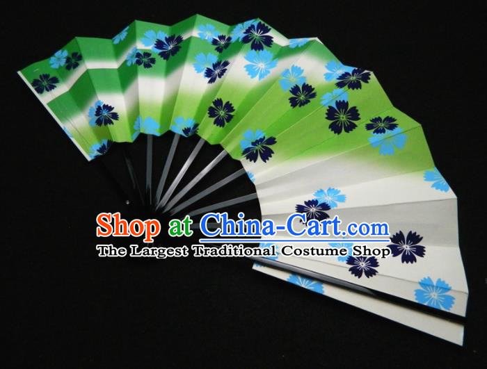 Japan Traditional Stage Performance Fan Handmade Craft Fans Kimono Printing Sakura Green Accordion Geisha Dance Folding Fan