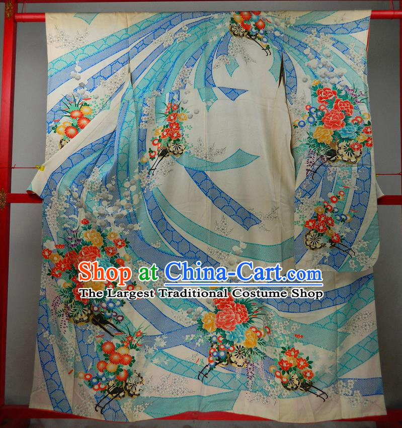 Japanese Classical Peony Chrysanthemum Pattern Furisode Kimono Clothing Traditional Festival Garment Costume Court Woman Yukata Dress