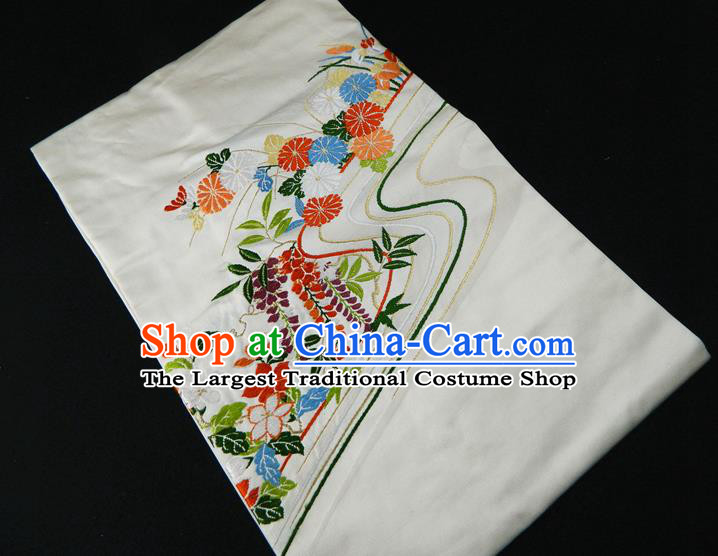 Japanese Traditional Embroidered Chrysanthemum Kimono Belt Handmade White Brocade Waistband Classical Yukata Dress Hekoobi Accessories