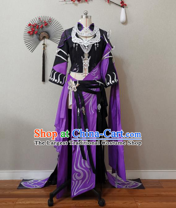 China Traditional JX Online Clothing Cosplay Swordswoman Garment Costumes Ancient Chivalrous Woman Purple Dress Outfits