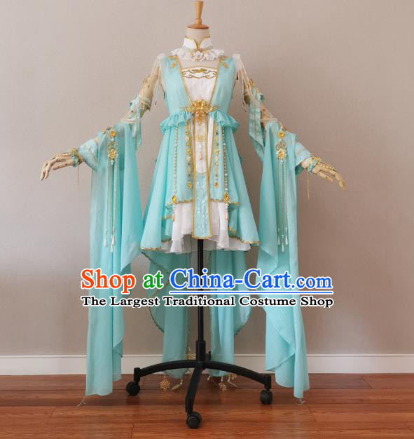 China Traditional JX Online Swordswoman Clothing Cosplay Fairy Garment Costumes Ancient Female Knight Light Blue Dress Outfits