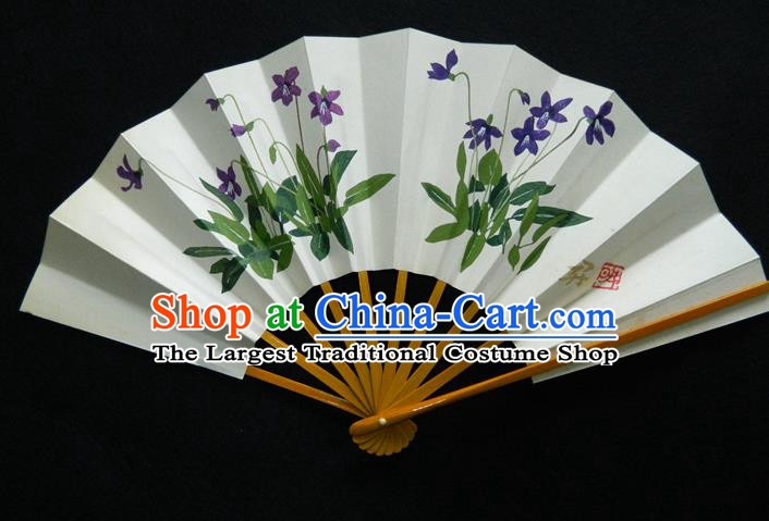 Japan Handmade Bamboo Fan Traditional Dance Folding Fan Printing Orchids Fan Woman Accordion