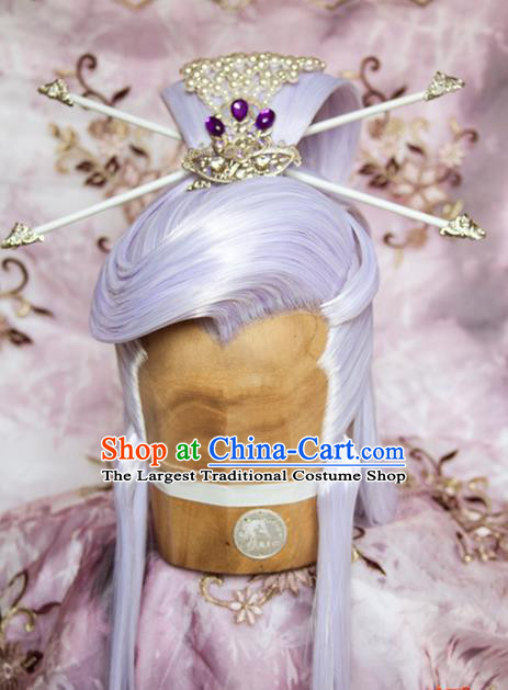 Chinese Ancient Swordsman Hair Accessories Traditional Hanfu Lilac Wigs Sheath Cosplay Knight Hairpieces and Hairpins