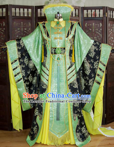 China Cosplay Swordsman Green Hanfu Clothing Ancient Emperor Garment Costumes Traditional Puppet Show King Beichen Yuanhuang Uniforms