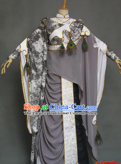 China Cosplay Swordswoman Garment Costumes Ancient Queen Grey Hanfu Dress Traditional Puppet Show Lian Emei Clothing