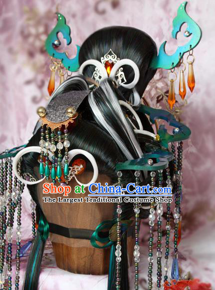 Chinese Traditional Puppet Show Peacock Princess Hair Accessories Cosplay Empress Headdress Ancient Queen Wigs and Hairpins Headpieces