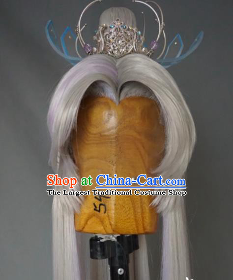 Chinese Traditional Puppet Show Swordsman Ren Piaomiao Hairpieces Handmade Ancient Elderly Male Headdress Cosplay Taoist Priest White Wigs and Hair Crown