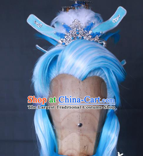 Chinese Handmade Ancient Taoist Priest Headdress Cosplay Swordsman Blue Wigs and Hair Crown Traditional Puppet Show Dragon King Hairpieces