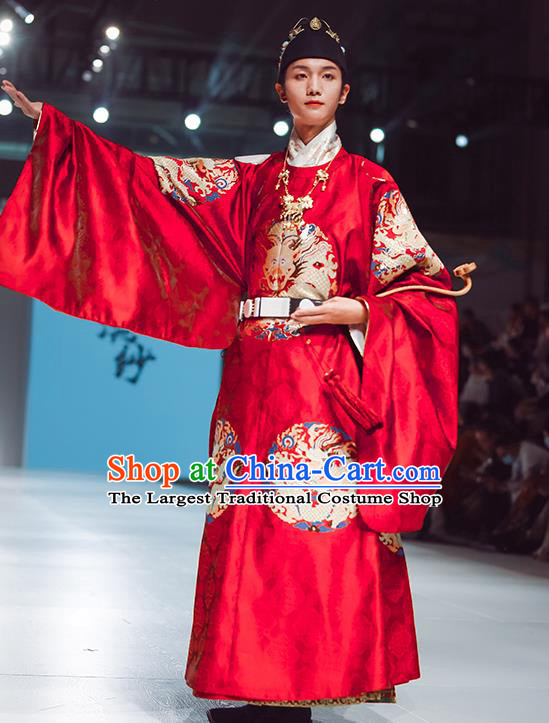 China Traditional Hanfu Red Imperial Robe Ming Dynasty Emperor Historical Clothing Ancient Royal King Garment Costume for Men