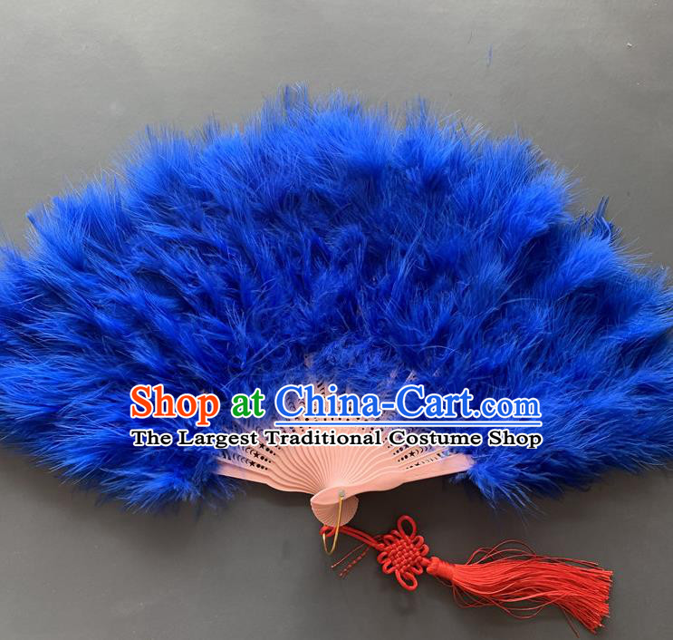 Handmade China Traditional Royalblue Feather Fans Opera Performance Fan Folk Dance Folding Fan