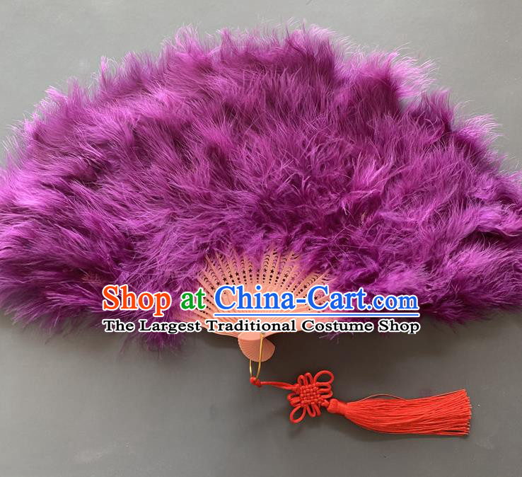 Handmade China Folk Dance Folding Fan Traditional Purple Feather Fans Opera Performance Fan