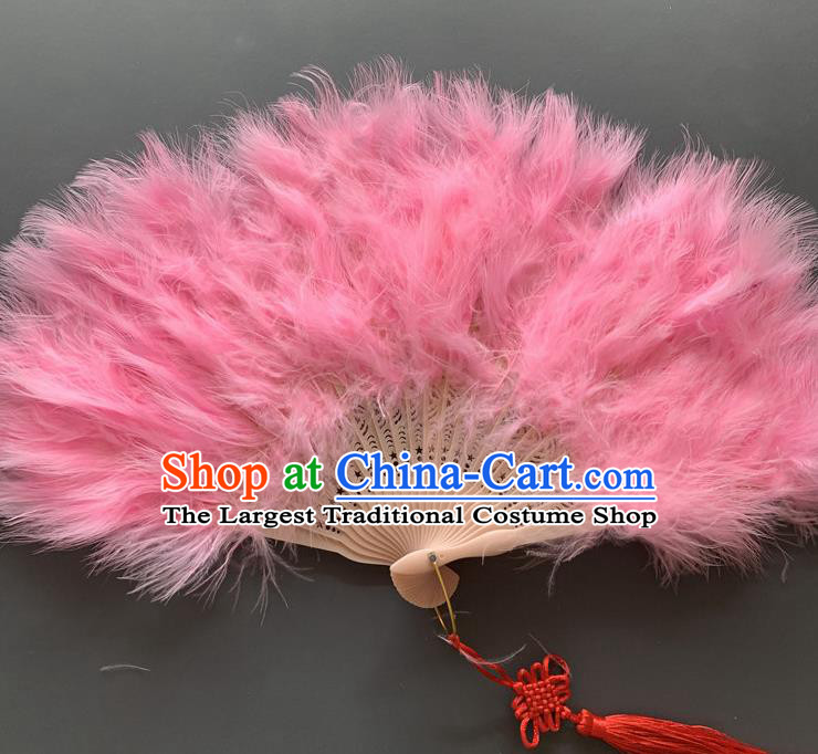 Handmade China Peking Opera Performance Fan Folk Dance Folding Fan Traditional Pink Feather Fans