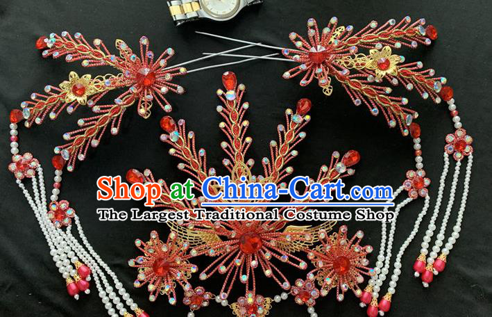 Chinese Peking Opera Hua Tan Hair Accessories Traditional Opera Queen Headpieces Beijing Opera Empress Red Phoenix Hair Crown and Hairpins