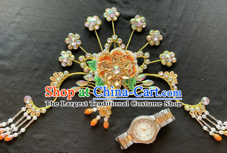 Chinese Traditional Opera Actress Headpieces Beijing Opera Princess Yellow Peony Hair Crown and Hairpins Peking Opera Diva Hair Accessories