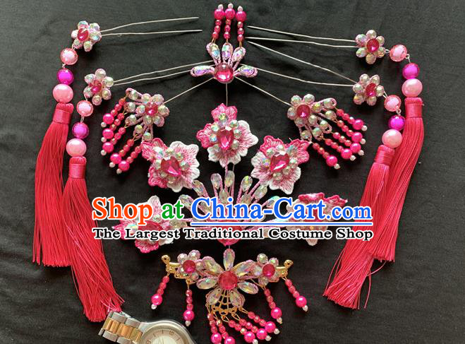 Chinese Peking Opera Diva Hair Accessories Traditional Opera Actress Headpieces Beijing Opera Princess Pink Phoenix Hair Crown and Hairpins