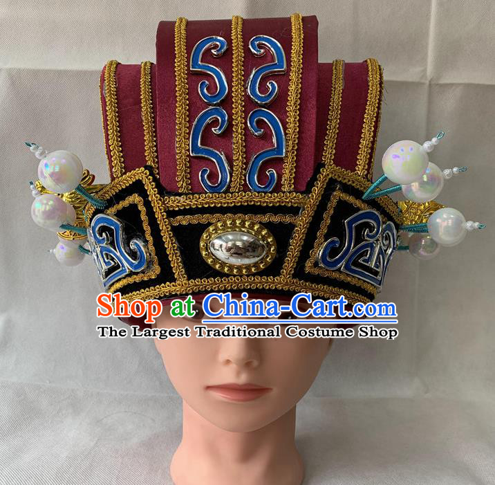 Handmade China Ancient Prime Minister Helmet Headdress Peking Opera Laosheng Wine Red Hat Beijing Opera Official Headwear