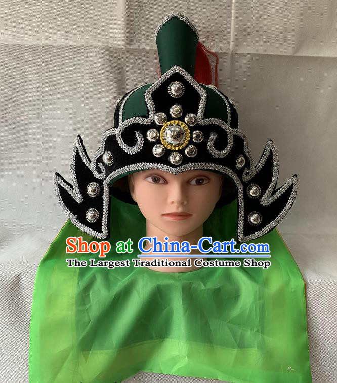 Handmade China Ancient General Green Helmet Headdress Peking Opera Wusheng Hat Beijing Opera Warrior Headwear